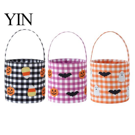 Kids Party Gift Holders Halloween Bucket, Trick or Treat Basket for Boys Girls, Plaid Pumpkin Bags Bat Ghost Candy Tote Bag with Handle Favors