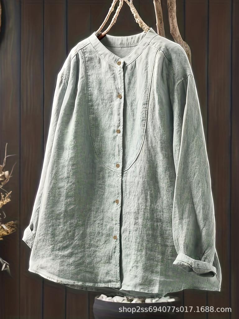 2025 Herbst Retro Künstlerisch Locker Geschnitten Leinen Stehkragen Strickjacke Hemd