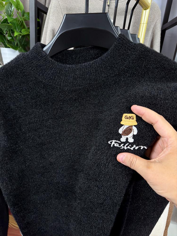 Men's Anti-Pilling Sweater with Fleece, Half-High Collar, New Embroidery, and Warm Knit Base Layer