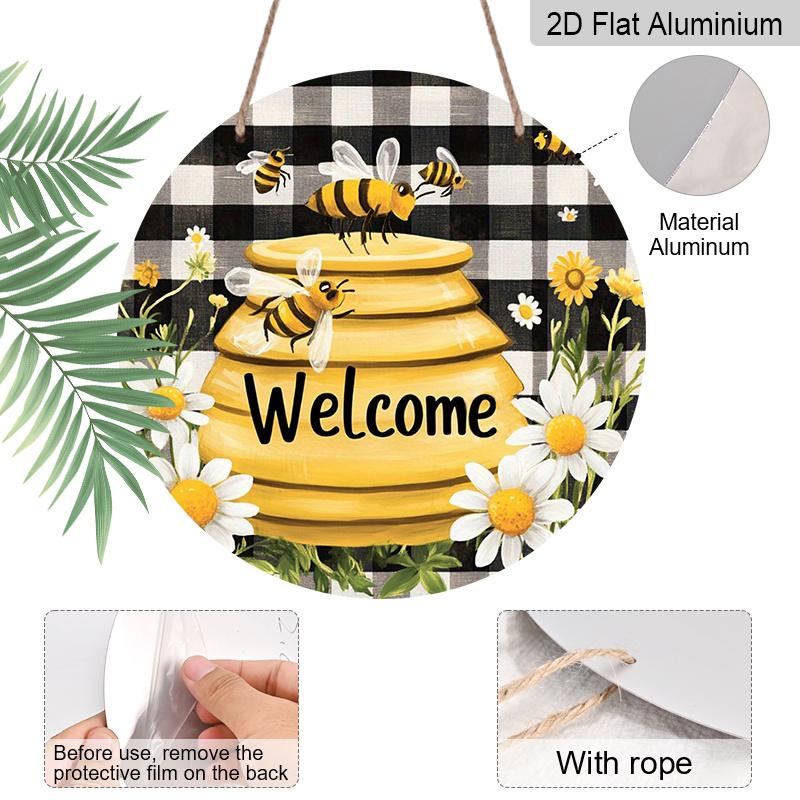 2D Flat, 1pc "Bee Welcome Plus" Monogrammed Round Metal Sign, Ideal for Home, Cafe, Restaurant, Garage, Garden Indoor and Outdoor Use, Event and