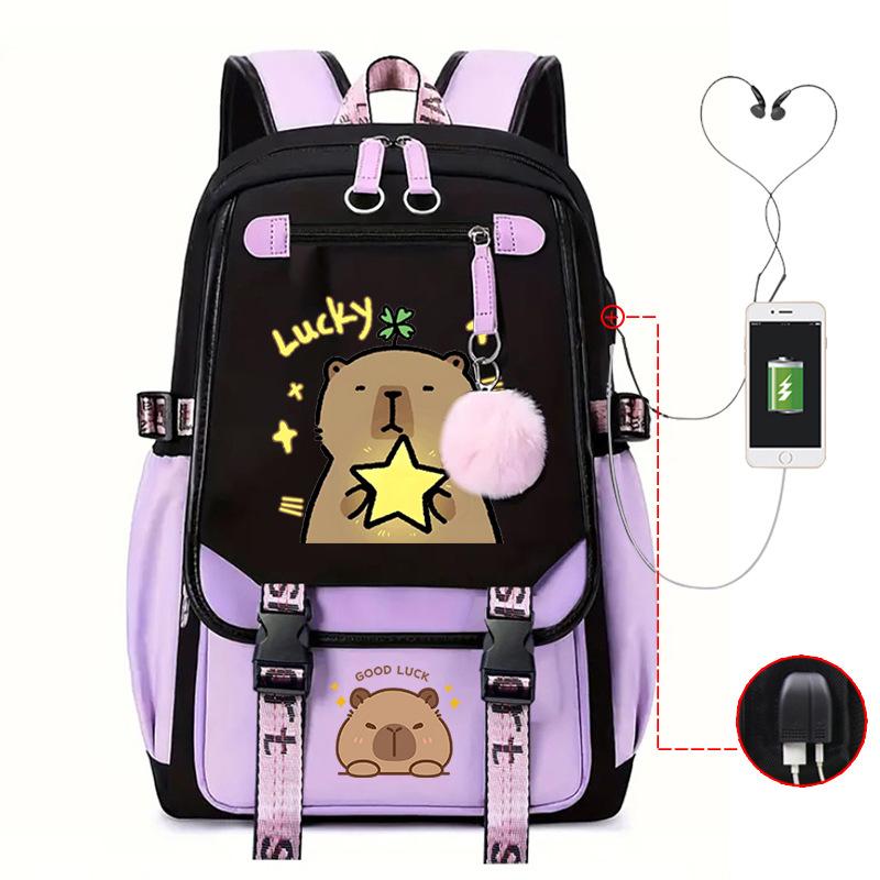 Fashion Trend Kapibara Leisure Burden Reduction Travel Bag Multifunctional Large Capacity USB Student School Bag