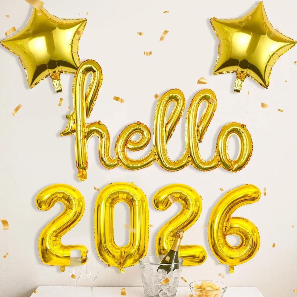 7pcs Hello 2026 New Year Aluminum Foil Balloon Set Rose Gold Conjoined Letters & Numbers for Party Decor Holiday Celebration