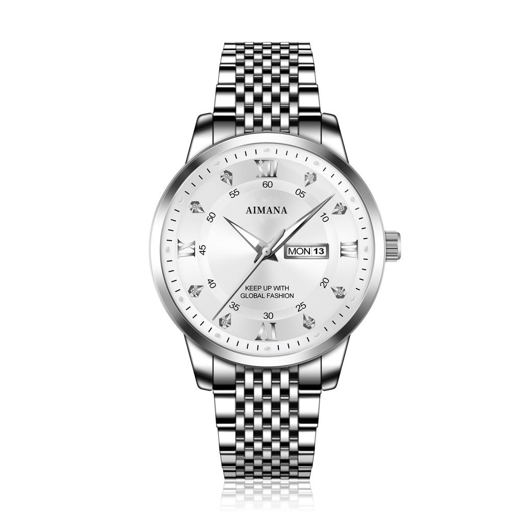 Business Men Watch Quartz Movement Dual Calendar Week Date Steel Band Roman Numerals Diamond Scale Male Wrist Clock