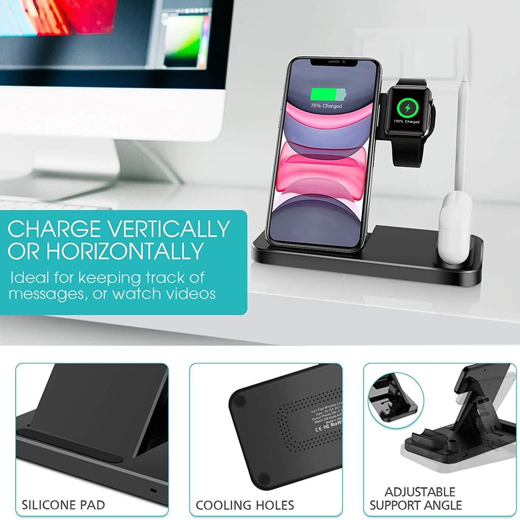 4 In 1 15W Fast Wireless Charger Stand For iPhone 14 13 12 X Samsung Huawei Apple iWatch Foldable Charging Station for Airpods 3 Pro