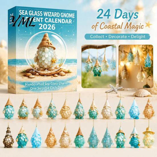 Festival Atmosphere Accessories Coastal Gnome Advent Calendar, 24Pcs Acrylic 2D Sea Glass Ornament Set Halloween Holiday Decoration with Hanging