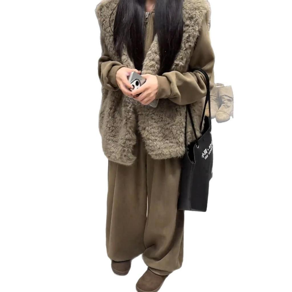 Women's Winter Three-Piece Suit: Melange Style, Plush Vest, Hooded Sweatshirt, Wide-Leg Pants
