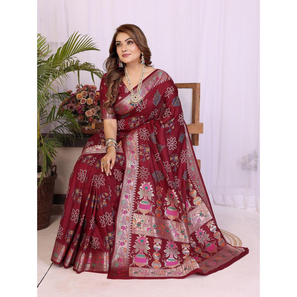 Handpicked Lite Weight Soft Dola Silk Bandhej Khadi Print Saree – a perfect fusion of tradition & vibrant elegance