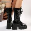 Fashion Fashion Chunky High Heel Mid Calf Boots Women Thick Bottom Patent Leather Punk Boots Woman Gothic Black Platform Booties 35-43