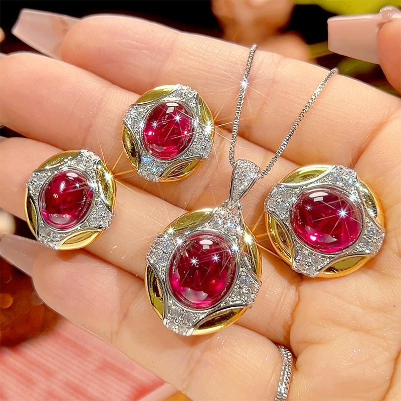 

Luxury Oval Ruby Red Gemstone Jewelry Adjustable Ring Necklace Earrings Vintage Cocktail Party Wedding Jewelry for Women Gift One Size