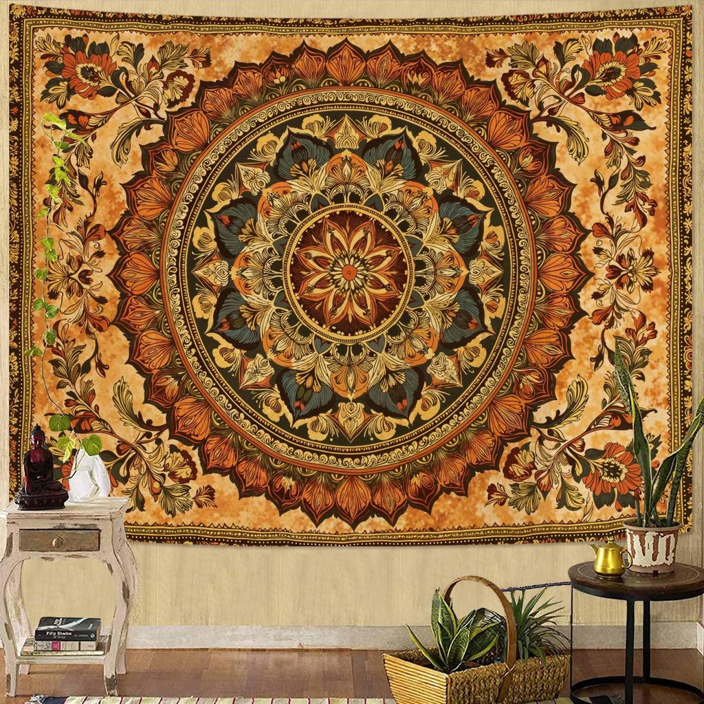 Bohemian Mandala Tapestry, Intricate Floral Design In Warm Orange & Brown Hues, Wall Art for Cozy & Eclectic Rooms