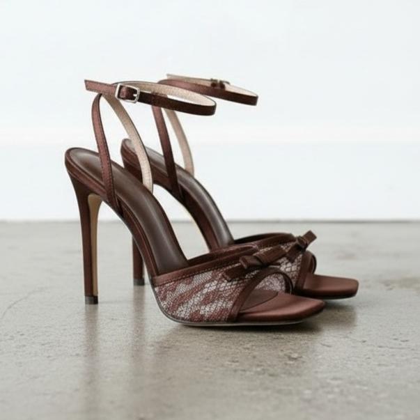 Women's Brown Stiletto Heeled Sandals with Lace Bow Open Square Toe Ankle Strap Buckle Dress Sandals for Party or Evening Wear cm marrone