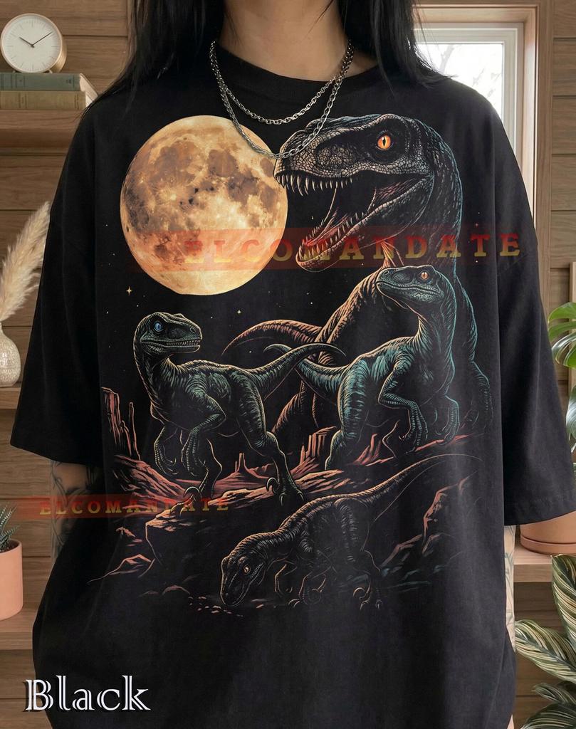 Velociraptor Raptor Dinosaur Lover Comfort Colors® Tshirt, Full Moon Night Prehistoric Animal Jurassic Wildlife Nature Vintage Bootleg Tee