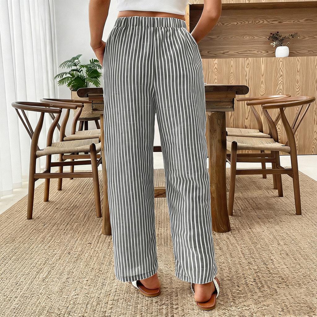 Women's Fashionable Striped High Waisted Pocket Home Versatile Casual Pants