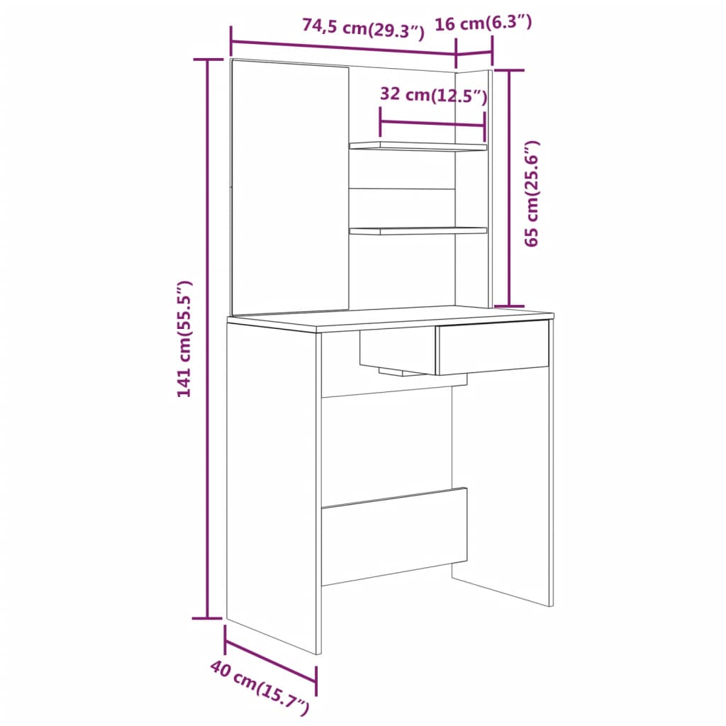 Makeup Table with Mirror Smoked Oak 74.5 x 40 x 141 cm
