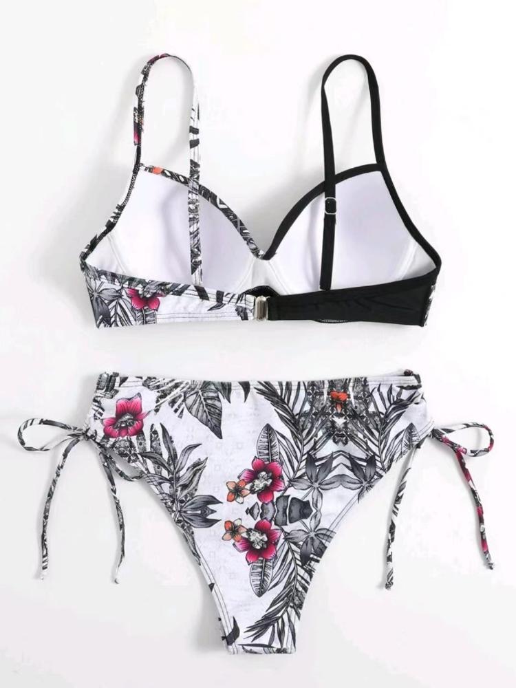 Printed Multicolor Drawstring Backless Swimsuit Beach Gathered Sexy Split Steel Bracket Hard Bag Bikini Set Girl