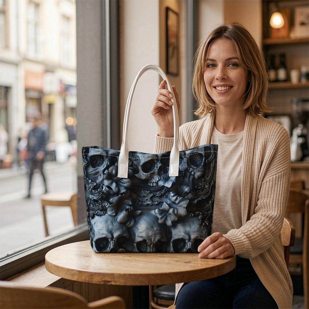 Gothic Skull Pattern Tote Bag Creative Dark Style Shoulder Handbag Trendy Daily Use Carryall Purse