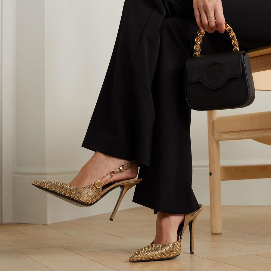 Luxury Rhinestones Sequined Buckle Women Pumps Elegant Pointed Toe Slingbacks Stiletto High Heels Spring Summer Shoes