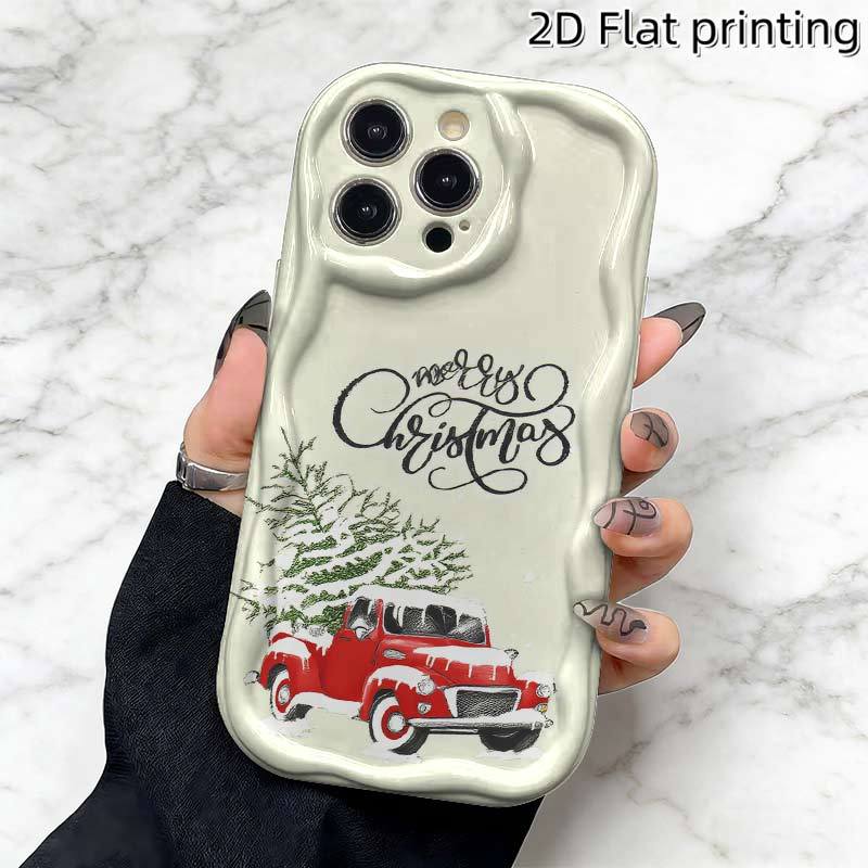 Vintage Red Truck Christmas Tree Phone Case for iPhone 16 15 14 13 12 11 Pro Max, Cream Wavy Edge Soft TPU Protective Cover