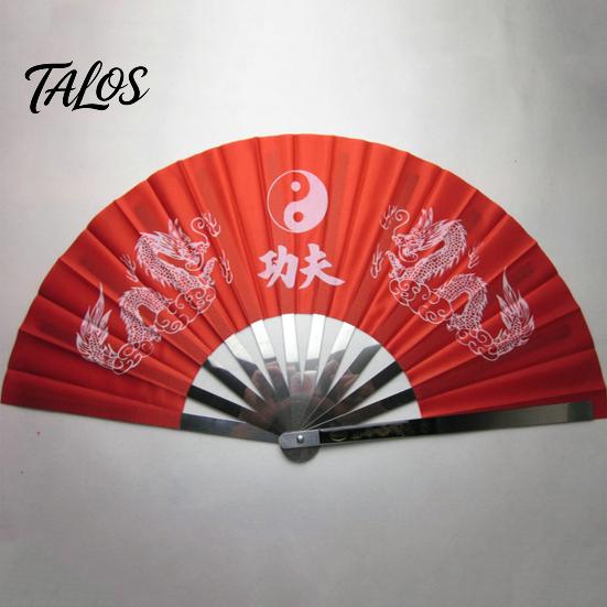 Handheld Tai Ji Fan Dual Dragon Print Loud Clack Chinese Style Portable Large Size Performance Prop Crafts Anti-rust Stainless Steel Rib Folding