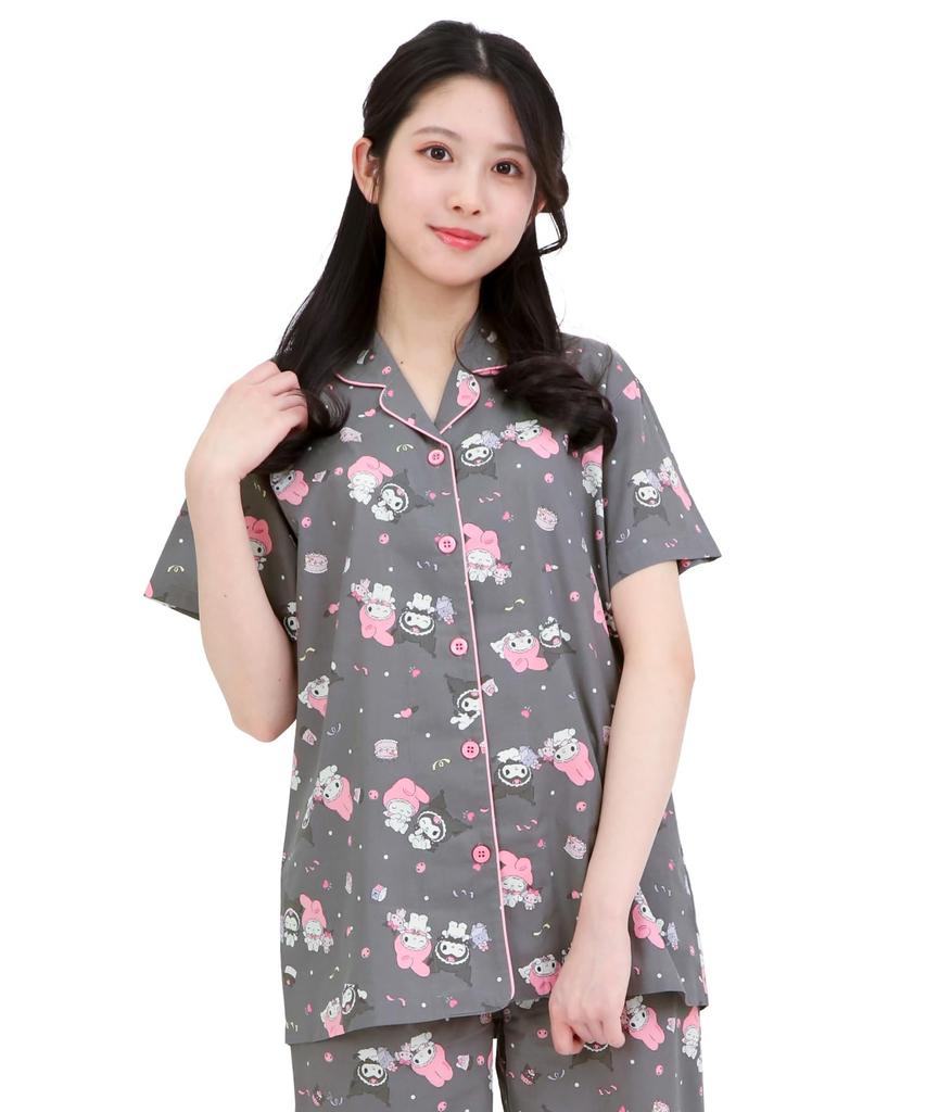 SAZAC Angel My Melody X Kuromi Shirt Cotton Short Sleeve and Long Pants Loungewear Pajamas, 100% Broadcloth, Women's Set, (Black/M/SAN1947)