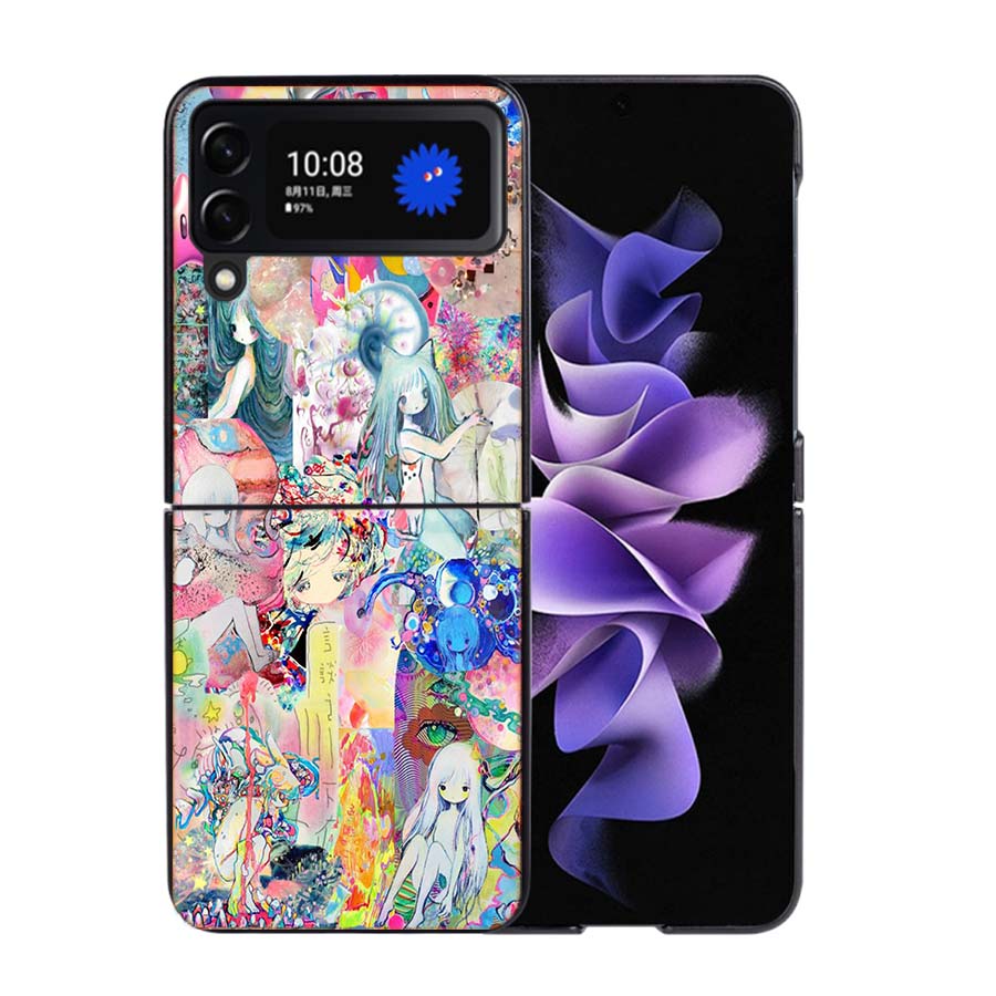 K-KikuoS Art Cute Phone Case For Samsung Z Flip 7 6 5G Galaxy Z Flip4 Z Flip5 Z Flip3 Coque Black Hard PC Shell Protective Cover