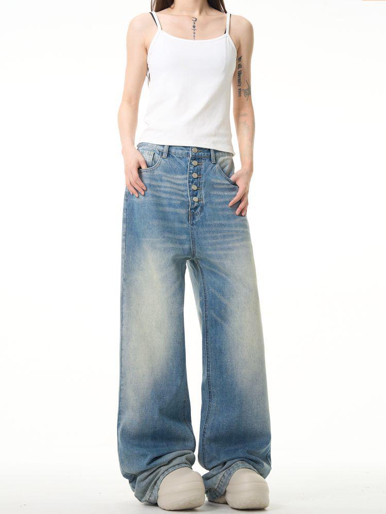 

Unisex Retro Micro Flare Wide-Leg Jeans with Washable Cat Whisker Design Small синій