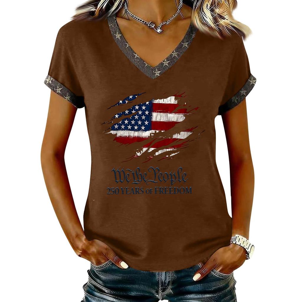 Damen Lässiger V-Ausschnitt Kurzarm Pullover Bedrucktes T-Shirt Top