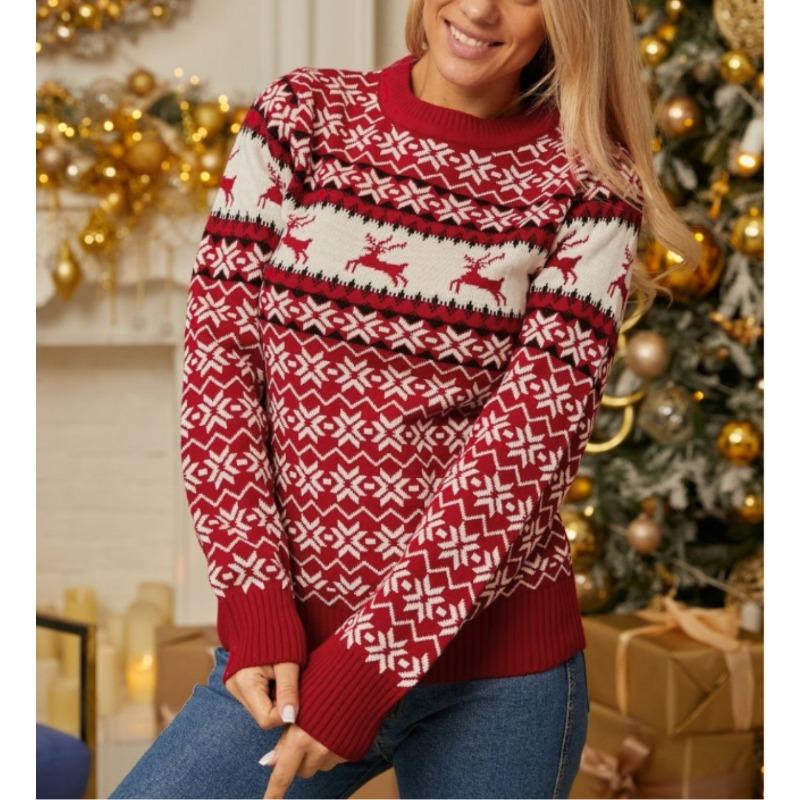 Women Loose Fit Long Sleeve Reindeer Jacquard Winter Sweater