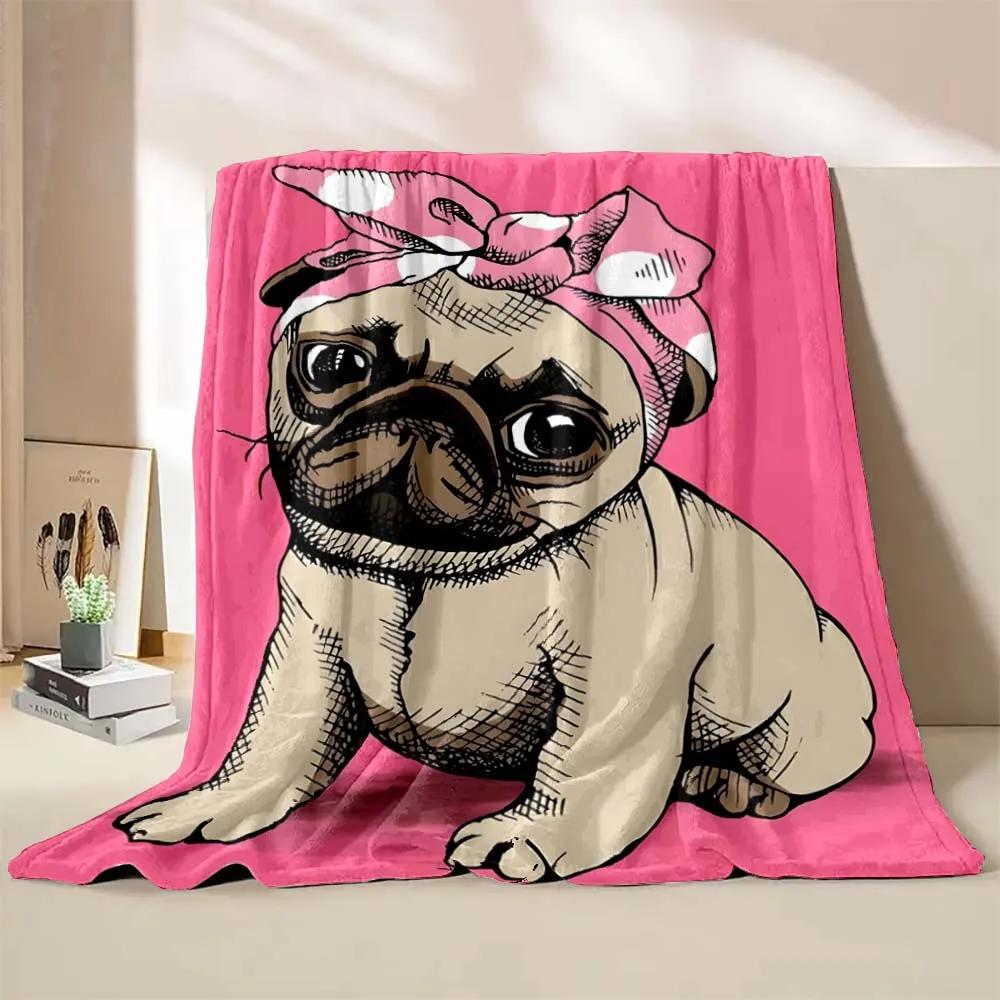 Cute Pet Dog Pug Print Throw Blanket Soft Cozy Flannel Blanket Lightweight Warm Bed Blanket for Couch Sofa Camping Office Travel