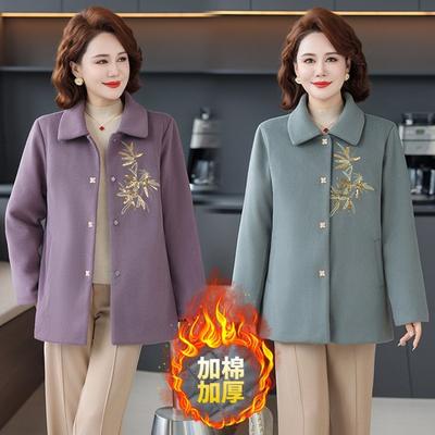 Autumn and Winter Mother's New Embroidered Short Medium and Old Top Temperament Woolen Women's Clothing Padded Thickened Coat Women