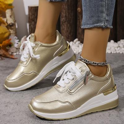 Mode Übergröße Mode Keilabsatz-Sneakers für Damen 2025 Herbst Komfort Lässig Sportschuhe Frau Gold Silber Dicke Sohle Lauf-Sneakers