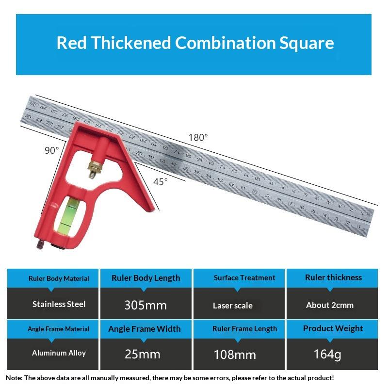 1Pcs Multifunctional 300Mm Adjustable Angle Ruler 12 Combination Square Ruler Woodworking Level Gauge Angle Metric Ruler B Red