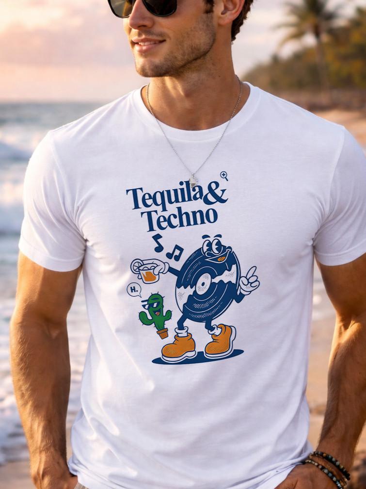 Tequila & Techno Funny Graphic T-Shirt Party DJ Music Club Tee Custom Any Size S
