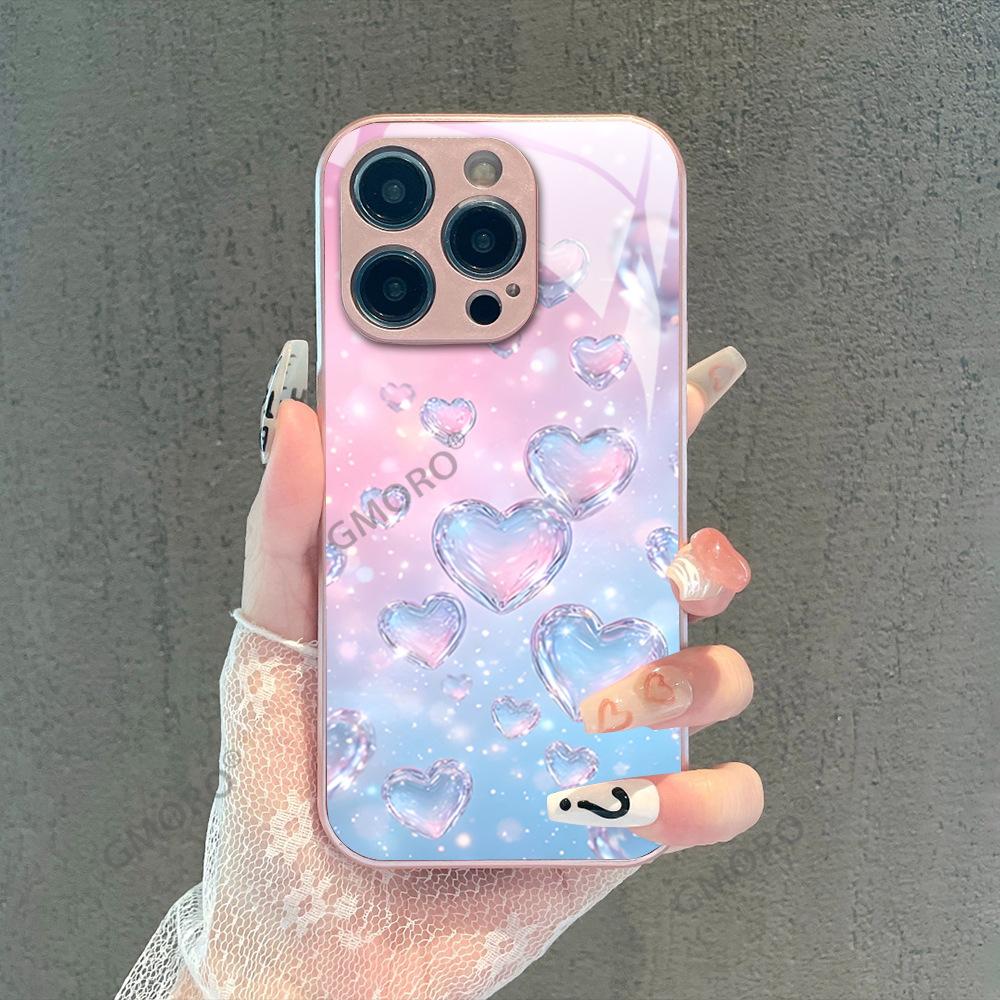 Dream Pink Love Is Suitable for Apple 16Pro Girl Mobile Phone Case iPhone17 Pink Glass Case.