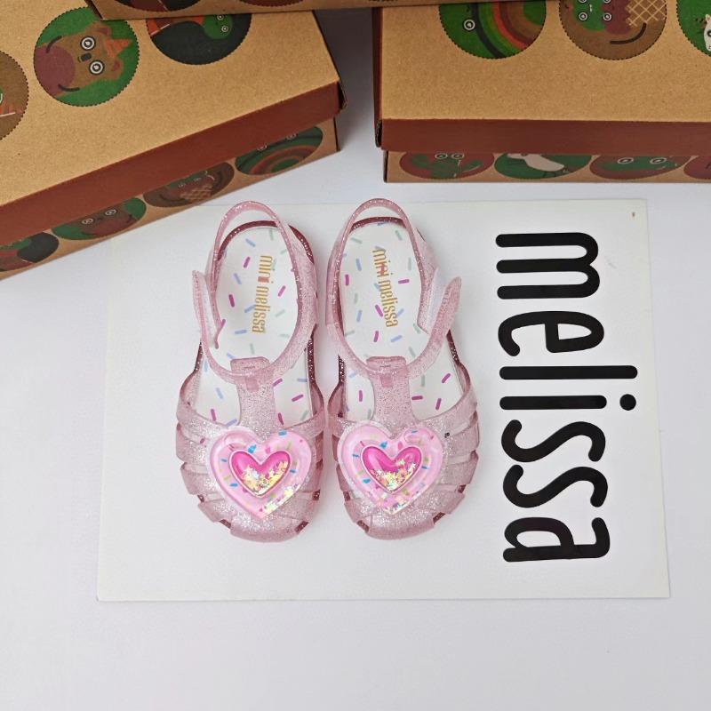 Новые детские сандалии Melissa, с закрытым носком, перфорированные, Melissa, градиентные, с эффектом текучий песок , сердечки, гелевые туфли для женщин US7=13.8CM