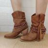 Mode Retro Cowgirl Quasten Flacher Absatz Damen Westernstiefel Vintage Patchwork Bequeme Walking Stiefeletten Stilvoll Lässig Nagelneu Gewaschene Schuhe