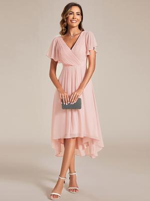 Ever-Pretty dámské šifonové šaty pro svatební hosty, dlouhé ke kolenům, výstřih do V, řasené rukávy, asymetrický lem