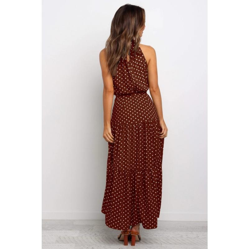 Women's Hanging Neck Polka Dot Printed Tie Dress Long Long Dress