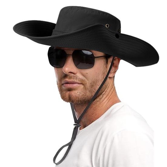 Men Fisherman Hat Flat Top Wide Brim Breathable Sun Hat Adjustable Windproof Drawstring Sun Protection Hat