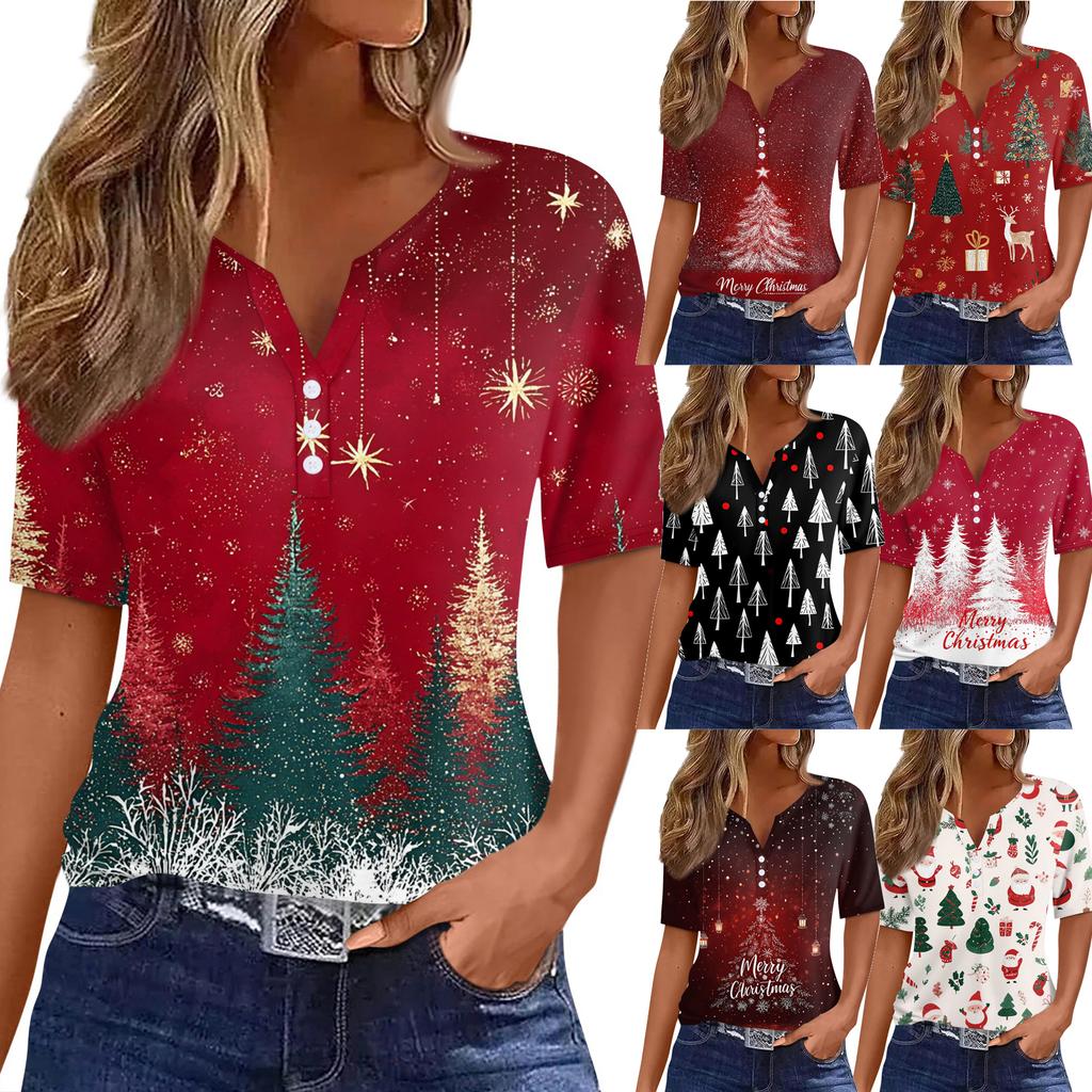 Women's T Shirt Christmas Print Button Short Sleeve Daily Weekend Fashion Basic V- Neck Regular Top