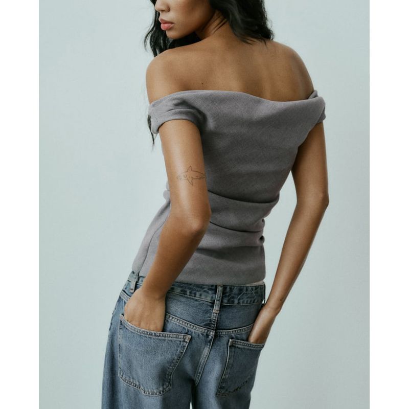 Spring New Arrival Women's French-Style off-Neck Open Back Dress Silm Ruched Design Tops 8236565