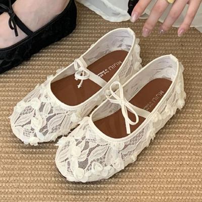 Mode Elegantes Spitzen-Mesh-Design Marken Ballerinas Damen Süße Schleife Runde Zehen Mary Jane Schuhe Mode Bequeme Sommer Freizeitschuhe