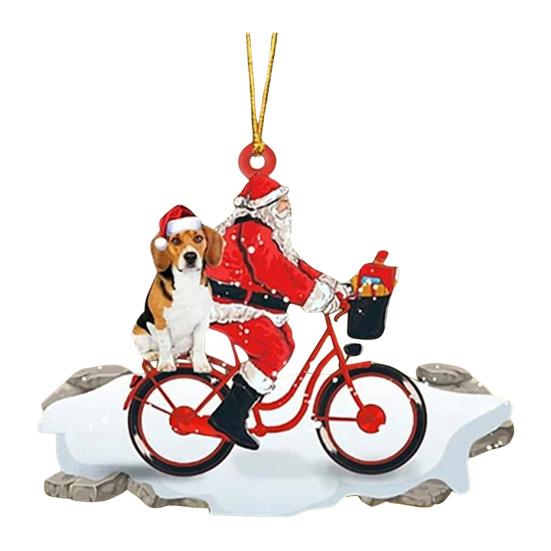 Santa Riding A Bicycle with A Dog Ornament Cute Acrylic Santa