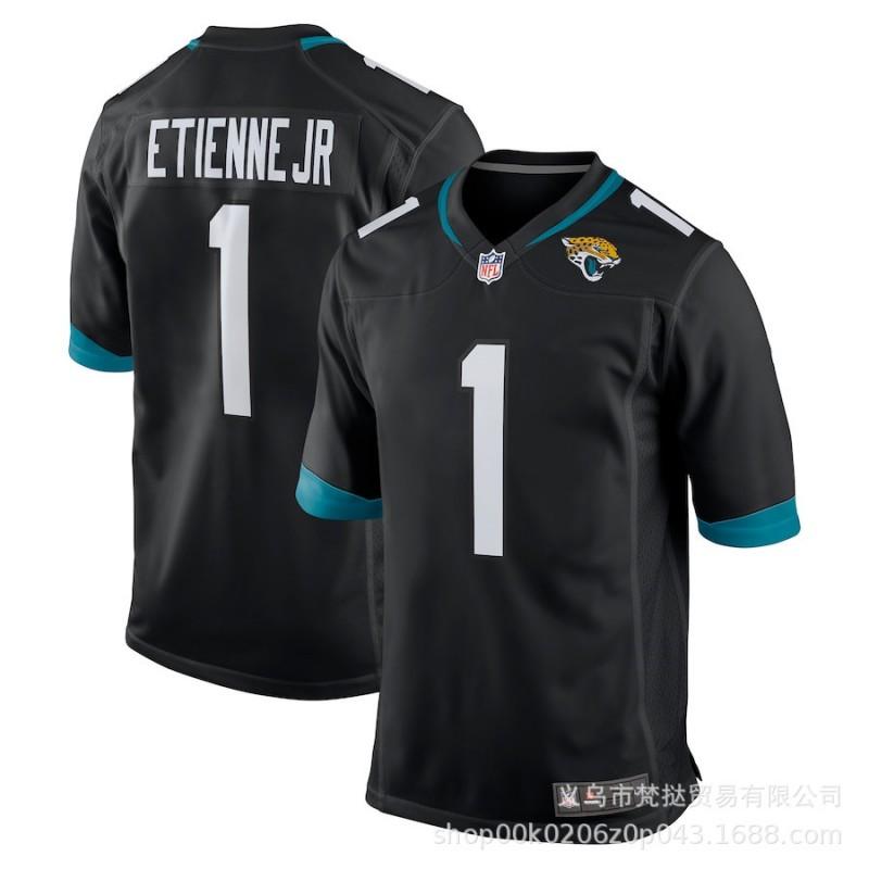 Mens NFL Jacksonville Jaguars Travis Etienne Jr 1 Green White Jersey Short Sleeve V-Neck Cotton Blend Athletic Shirt Rugby