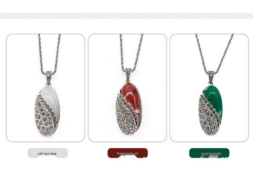 Jade Angel S925 Sterling Silver Chalcedony Cat's Eye Ethnic Retro Pendant Necklace