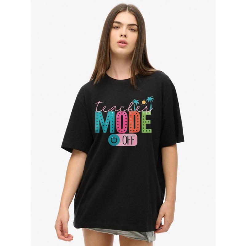 Black Oversized T Shirt With Teacher Mode Off Graphic Print For Casual Wear