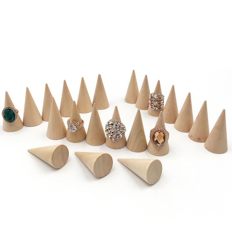 5Pcs Simple Solid Wood Rings Display Stand Organizer Cone Shape Jewelry Display Rack Finger Trinket Stand Showcase