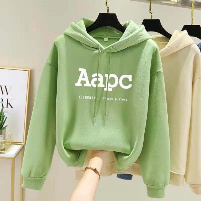 Korean Style Women's Fleece-Lined Hooded Sweatshirt, Plus Size, Loose Fit, Long-Sleeved, for Autumn and Winter.