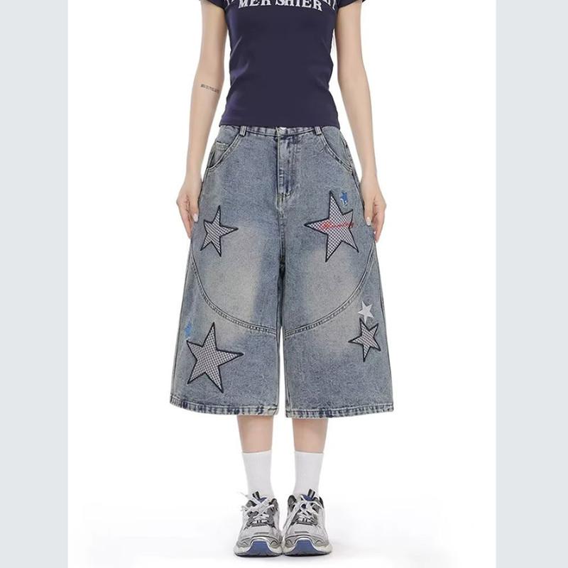 American retro star printed denim shorts men's spring and summer new trendy brand old washed loose wide-leg cropped pants