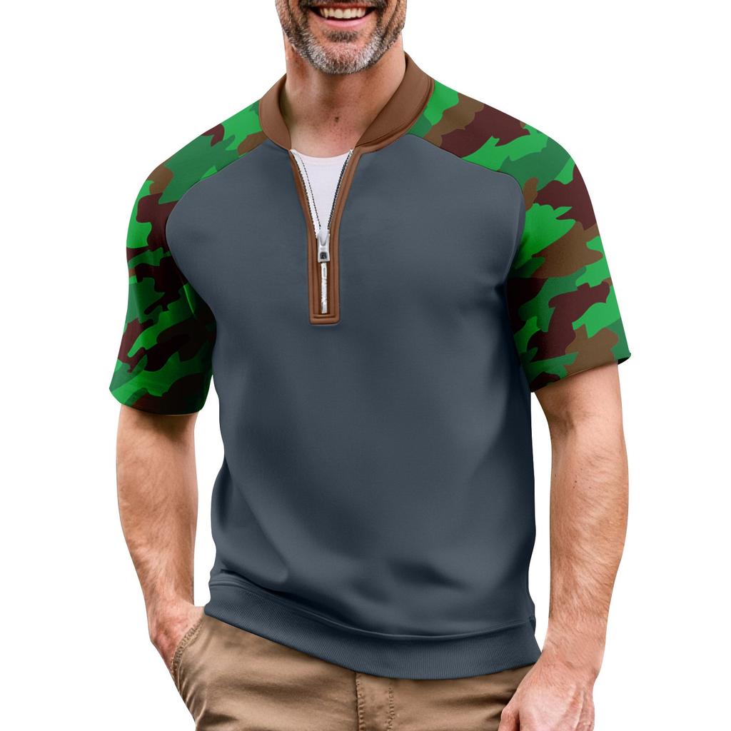 Men's Summer Camouflage Color Casual T-shirt Sports Breathable Zipper Collar Top